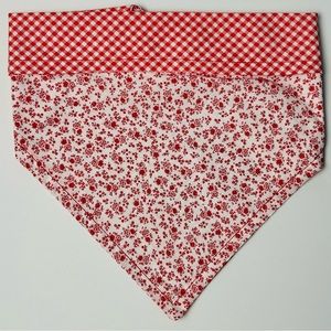 Dog Bandana Red/White Floral & Checkered Print, Reversible, Snap Button Closure